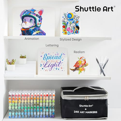 Shuttle Art 240 Colors Alcohol Markers, 239 Colors Dual Tip Art Marker Set Plus Colorless Blender, Micro-tip Pens, White Highlighter Pens, Marker Bag Shuttle Art