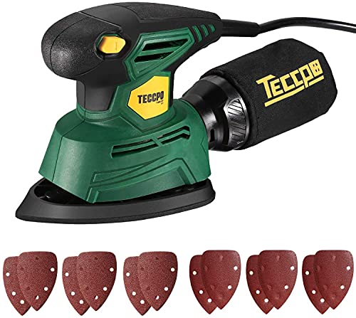 TECCPO Detail Sander, 14,000 OPM Compact Electric Sander with 12Pcs Sandpapers, Efficient Dust Collection System, Multi-Function 1.1Amp Hand Sander TECCPO