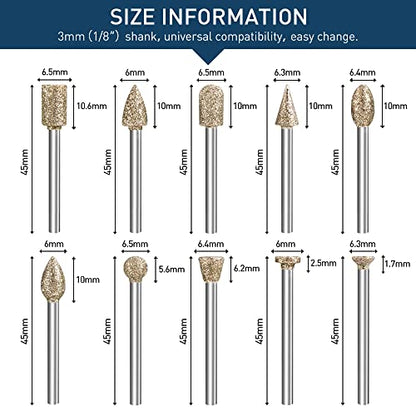 Diamond Grinding Burr Bit Set，20Pcs Rotary Tool Accessories Stone Carving Set with 1/8 inch Shank for Stone Ceramic Glass Carving, Grinding, - WoodArtSupply
