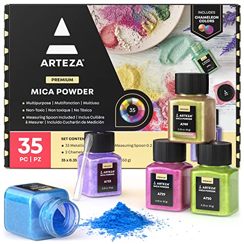 Arteza Mica Powder for Epoxy Resin, 35 Colors, 0.35 oz Bottles, Art Supplies for Candle Making & DIY Crafts ARTEZA