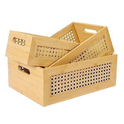 ANMINY 3 PCS Natural Bamboo Storage Bins Set Faux Rattan Frame Wicker Storage Baskets with Handles Sundry Office Drawer Desk Decorative Laundry - WoodArtSupply