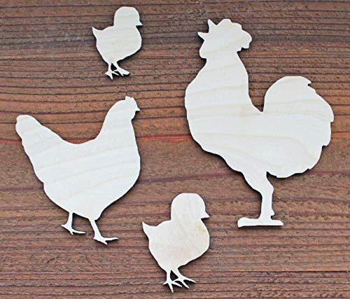 Set of 4 Rooster 1/8" thick Hen Chicks Chickens Unfinished Wood Laser Cut Out Crafts Farmhouse Sign DIY Ready to Paint or Stain - WoodArtSupply