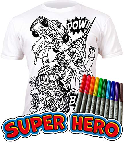Splat Planet Color in Superhero T-Shirt with 10 Non-Toxic Washable Magic Markers - Color in and Wash Out T-Shirt (9-11 Years) White Splat Planet