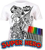 Splat Planet Color in Superhero T-Shirt with 10 Non-Toxic Washable Magic Markers - Color in and Wash Out T-Shirt (9-11 Years) White Splat Planet