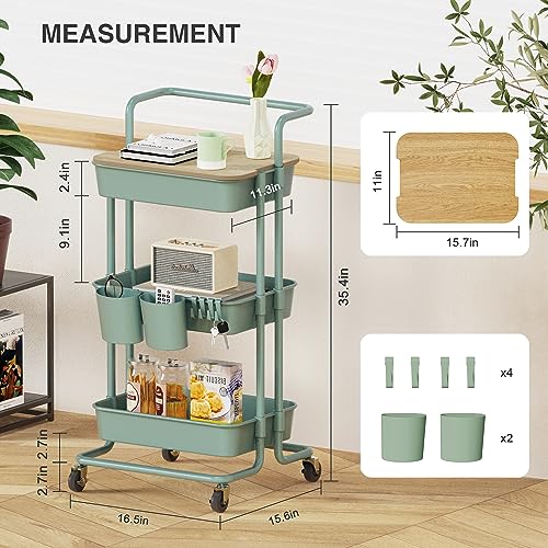 DTK 3 Tier Utility Rolling Cart with Cover Board, Rolling Storage Cart, H&le & Locking Wheels Kitchen Cart with 2 Small Baskets & 4 Hooks for