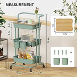 DTK 3 Tier Rolling Utility Cart with Cover Board, Lockable Wheels, and Storage Baskets in Green DTK