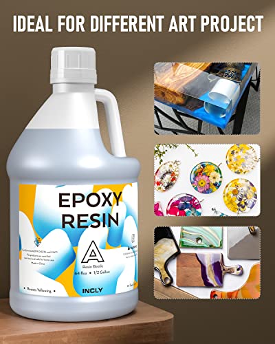INCLY 1 Gallon Epoxy Resin Kit - Crystal Clear Bubbles Free & UV Resistant Resin Supplies Food Safe for Coating & Casting, Table Top, Wood, Jewelry INCLY