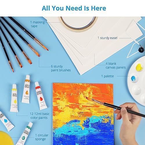 HTVRONT Acrylic Paint kit, Painting Kit for Kids, with 6 Paint Brushes & 4 Canvases, 12 Colors (12ml, 0.4oz), Table Easel, Paints Gifts for Kids,