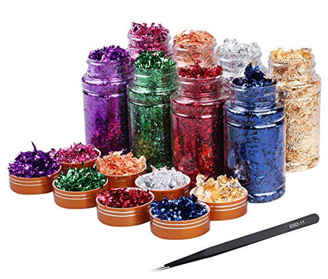 Mingjieus Gold Foil Flakes for Resin 8 Bottles Gilding Flakes Metal Gold Leaf Flakes for Nails,Crafts,Painting Art,Slime Mingjieus