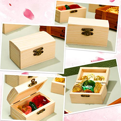 24 Pack Unfinished Wood Treasure Chest with 10 Paintbrushes, Small Treasure Box Wooden Craft Boxes with Locking Clasp Wooden Storage Box for DIY