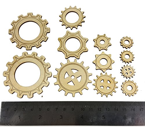12pc. Set of Wooden Gears - Cool Industrial & Steampunk Design - Laser-Cut Thin Birch Plywood C. B. Gitty