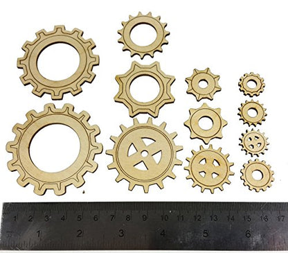 12pc. Set of Wooden Gears - Cool Industrial & Steampunk Design - Laser-Cut Thin Birch Plywood - WoodArtSupply