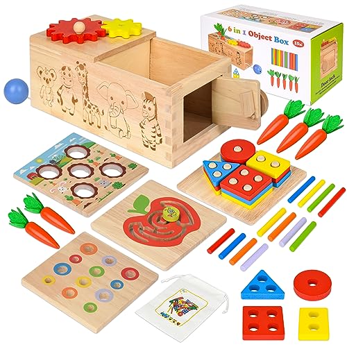 Zofunny 6-in-1 Montessori Toys Play Kit - Wooden Shape Sorter, Busy Board, Carrot Harvest, Color Matching - Toddler Learning Toy Gift for 1, 2, 3 - WoodArtSupply