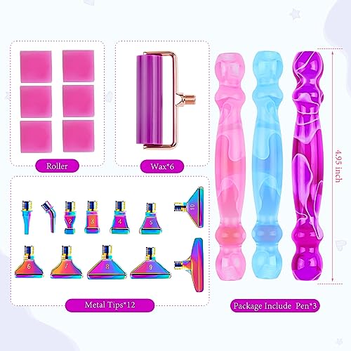 Ninonly 3Pcs Diamond Art Pen, Diamond Painting Pen Kits with 12 Colorful Metal Tips, 6 Painting Glue Clay, Roller, 5D Diamond Art Accessories and Ninonly