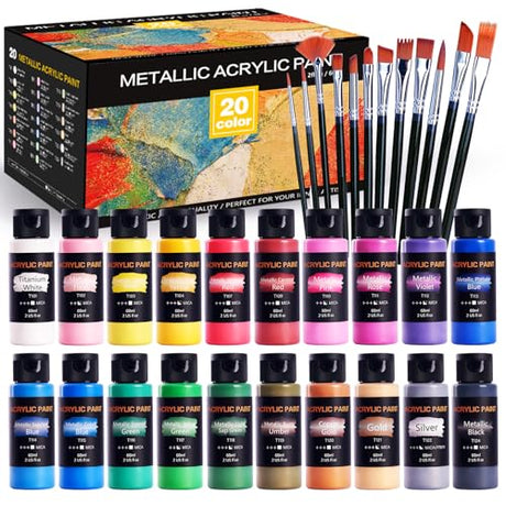 Metallic Acrylic Paint Set with 12 Brushes, Metallic Acrylic Paint Sets with 20 Colors (60ml, 2oz), Acrylic Paint Set for Artists, Beginners on TMOL