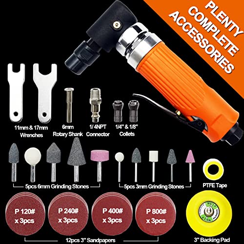 MOMODA 1/4" Mini Air Die Grinder Kit Right Angle 90 Degree Pneumatic Sander 20,000RPM High-power Model with 1/4"(6MM) and 1/8"(3MM) Collets for MOMODA