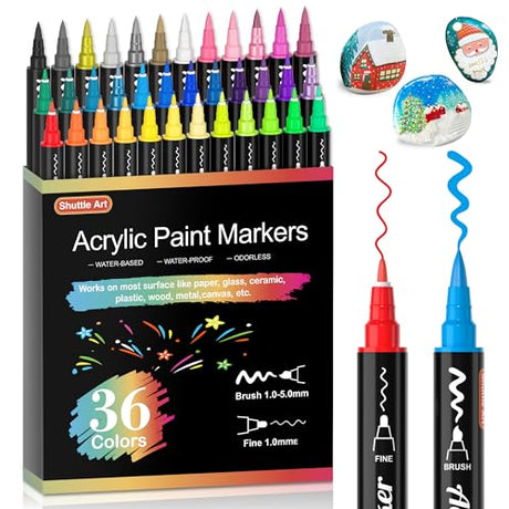 Shuttle Art 36 Colors Dual Tip Acrylic Paint Markers, Brush Tip and Fine Tip Acrylic Paint Pens for Rock Painting, Ceramic, Wood, Canvas, Plastic, Shuttle Art