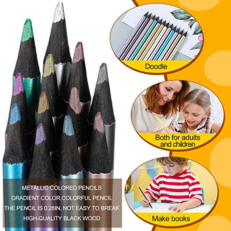 Zhehao 24 Pcs Metallic Colored Pencils Wood Drawing Pencils 12 Assorted Colors Sketching Pencil Colorful School Supplies for Art Drawing Kids Zhehao