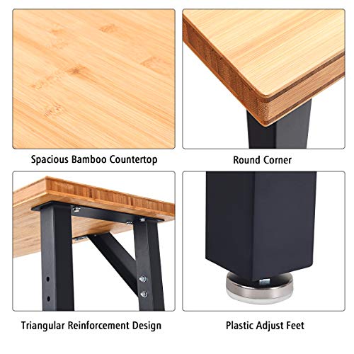 Goplus 65" Bamboo Top Work Bench, Heavy-Duty Steel Garage Workbench Triangle Reinforcement Work Table Hardwood Workstation, Easy Assembly Goplus