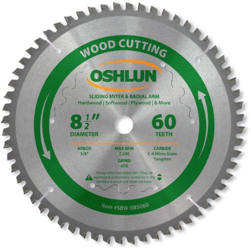 Oshlun SBW-085060 8-1/2-Inch 60 Tooth Negative Hook Finishing ATB Saw Blade with 5/8-Inch Arbor for Sliding Miter Saws OSHLUN