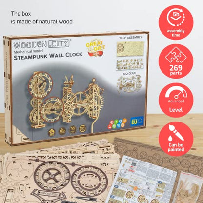WOODEN.CITY Steampunk Mechanical Clock Making Kit - Decorative Wall Clocks 3D Wooden Puzzles for Adults - Wooden Clock Kit - Wooden Clock Puzzle
