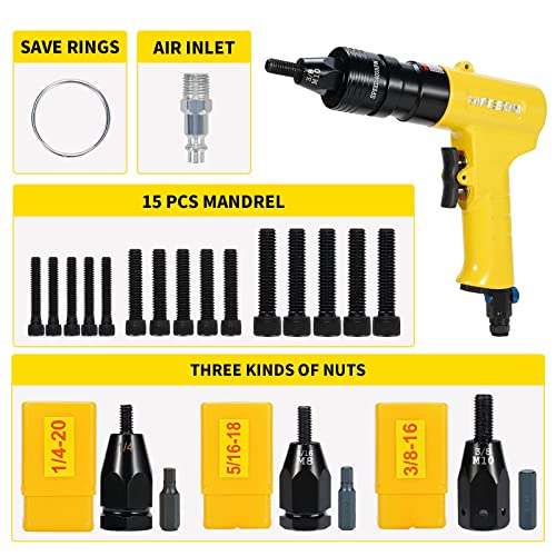 HIFESON Pneumatic Rivet Nut Gun with 1/4 & 5/16 & 3/8 Self-Locking Head Gun,Quick-Change Mandrels,Industrial Grade Adjustable Speed Air Rivnut Gun HIFESON