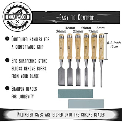 Deadwood Crafted Tools Wood Carving Tools Kit - 6pc Wood Carving Chisel Set with 2pc Sharpening Whetstone and Wooden Box - WoodArtSupply