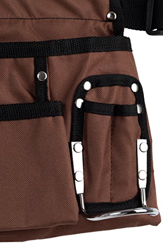 11 Pocket Brown and Black Heavy Duty Construction Tool Belt, Work Apron, Tool Pouch, with Poly Web Belt Quick Release Buckle - Adjusts from 33”