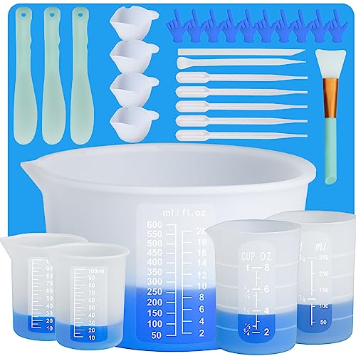 Teexpert Silicone Resin Measuring Cups Tool Kit-Reusable Resin Supplies with 100&250&600ml Measure Cups, Dispensing Cups, Stirring Rods, Silicone Mat - WoodArtSupply