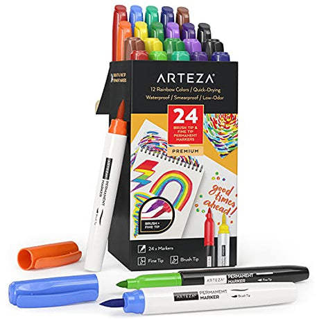 Arteza Colored Permanent Markers, Set of 24, 12 Rainbow Colors, Fine Tip and Brush Tip Paint Pens, Smear-Proof, Waterproof, for Stone, Plastic, ARTEZA
