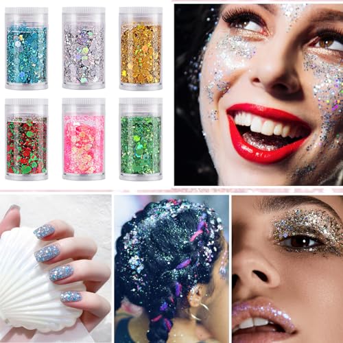 48 Tubes(24 fine +24 Chunky&fine Mixed) Set ANGXILIN Holographic Iridescent Metalic Colors Glitter,Epoxy Resin DIY Craft Glitter,Face Body Nail Art ANGXILIN