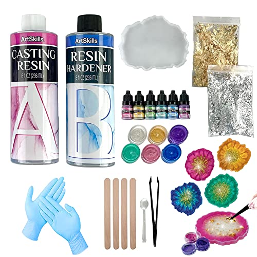 ArtSkills Epoxy Resin Kit for Beginners, Clear Craft Resin Art Kit with Silicone Coaster Mold, Alcohol Inks, Mica Powder & Accessories, 27 pc