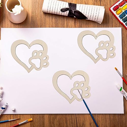 Creaides 20pcs Heart Paw Wood Cutouts Crafts Wooden Heart Dog Paw Shaped Hanging Ornaments with Jute Twines Gift Tags for DIY Projects Baby Showe