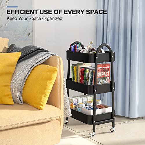 EAGMAK 3 Tier Utility Rolling Cart, Metal Storage Cart with Handle and Lockable Wheels, Multifunctional Storage Organizer Trolley with Mesh Baskets EAGMAK