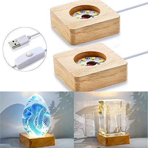 ZEERSHEE Pack 2 Wooden LED Light Display Base Crystal Glass Light Base Stand Wood LED Display Stand for 3D Crystal Laser Glass Resin Art Warm Light ZEERSHEE