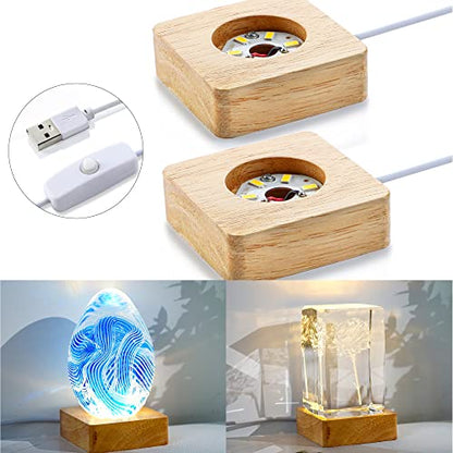 ZEERSHEE Pack 2 Wooden LED Light Display Base Crystal Glass Light Base Stand Wood LED Display Stand for 3D Crystal Laser Glass Resin Art Warm Light - WoodArtSupply