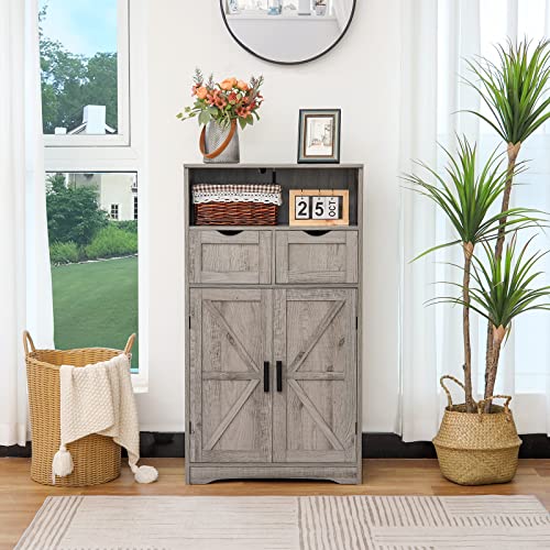 WEENFON Floor Storage Cabinet with 2 Adjustable Drawers & 2 Barn Doors, Standing Cupboard with 2 Shelf, for Living Room, Home Office, Kitchen, Grey - WoodArtSupply