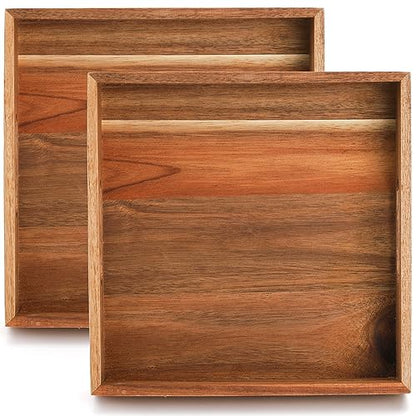 YOUEON Set of 2 Acacia Wood Serving Tray with Handles, 10x10x2 Inch Decorative Serving Trays, Ottoman Tray, Coffee Table Tra2y, Square Wood Tray for