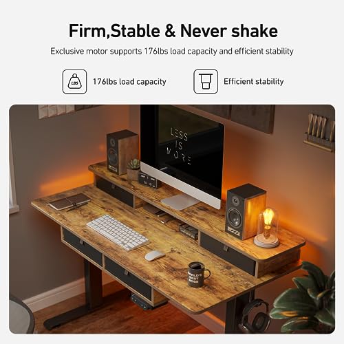 FEZIBO 55 x 24 Electric Standing Desk Adjustable Height with 4 Drawers, Sit Stand Desk with Storage Shelf, Rising Desk with Splice Board, Black