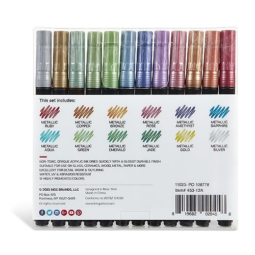 KINGART 453-12A PRO Metallic 12 Ct. Extra Fine Paint Pens, 0.7mm Tip, 12 Acrylic Paint Colors incl. Gold, Silver, Low-Odor Water-Based Quick Drying - WoodArtSupply