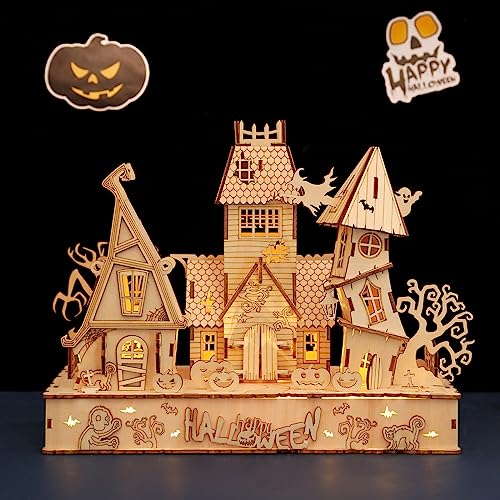 3D Wooden Halloween Haunted House Puzzles, Wood Creative Glow in The Dark Haunted House Puzzle, Assembly Model Building Kits to Build for Adults & varbertos