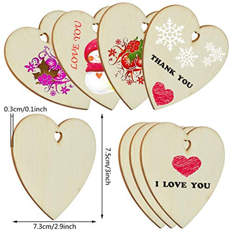 obmwang 50 Pieces 3" Natural Heart Wood Slices, DIY Wooden Ornaments Unfinished Predrilled Wooden Heart Embellishments with Natural Twine for obmwang
