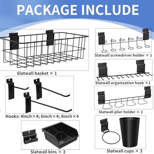 22 Pieces Slatwall Accessories Organizer Kit with Slatwall Hooks, Slatwall Bins, Slatwall Cups, Slatwall Basket, Slatwall Screwdriver Holders for - WoodArtSupply