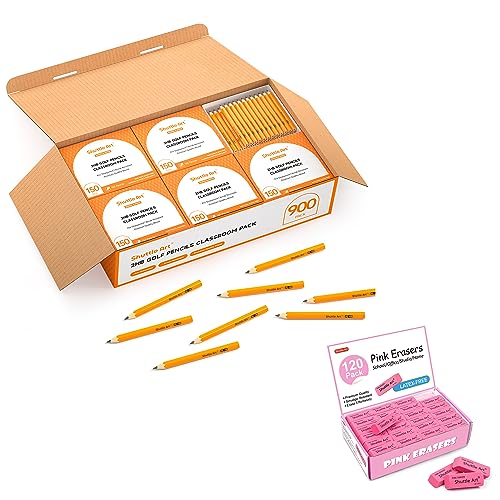 Shuttle Art #2 HB Golf Pencils and Erasers Bundle, Set of 900 Pack Bulk Golf Pencils + 120 Pack Pink Erasers Bulk - WoodArtSupply