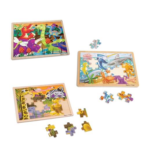 Melissa & Doug 3-Puzzle Jigsaw Set - Dinosaurs, Ocean, and Safari - Toddler Jigsaw Puzzles, Sea Creatures Wooden Puzzles, Dinosaur Puzzles, Animal Melissa & Doug