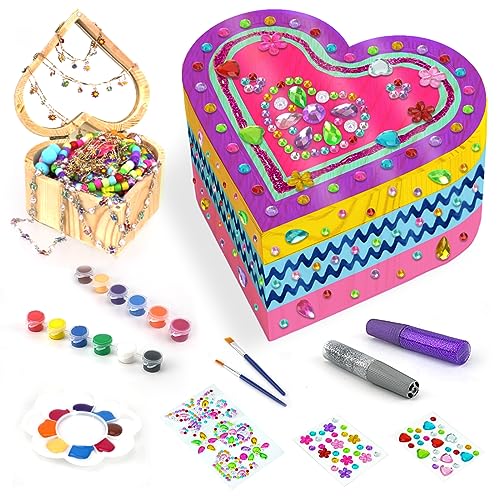 Ambesi Paint Your Own Wooden Jewelry Box, Arts and Crafts for Kids Ages 8-12, 4-6, 7-8 Year Old Girls, Decorate Heart Treasure Box Craft kit, DIY