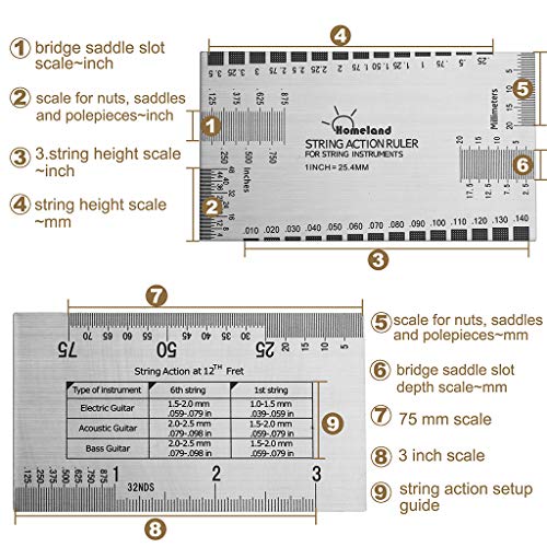 Alnicov Stainless Steel String Action Ruler Guitar Setup Gauge Luthier Measuring Tool with User Guide for Electric, Acoustic Bass Guitars Alnicov