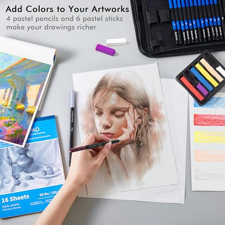Drawing Kit, Shuttle Art 52 Pack Drawing Pencils Set, Professional Drawing Art Kit with Sketch Pencils, Graphite Charcoal Sticks, Drawing Pad in Shuttle Art
