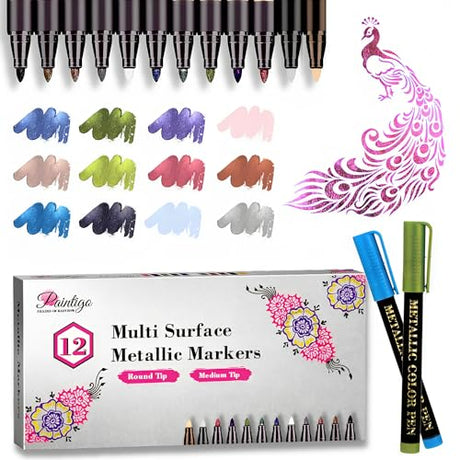 PAINTIGO Metallic Markers, 12 Colors Metallic Pens, 2mm Metallic Paint Pens, Metallic Permanent Markers, Metallic Marker for Photo Album, Scrapbook, PAINTIGO