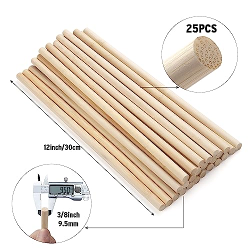 Wooden Dowel Dods Wood Dowels, 25PCS 3/8 x 12" Round Natural Bamboo Sticks for Crafts, Macrame Dowel, Unfinished Hard Wood Sticks for Crafting,